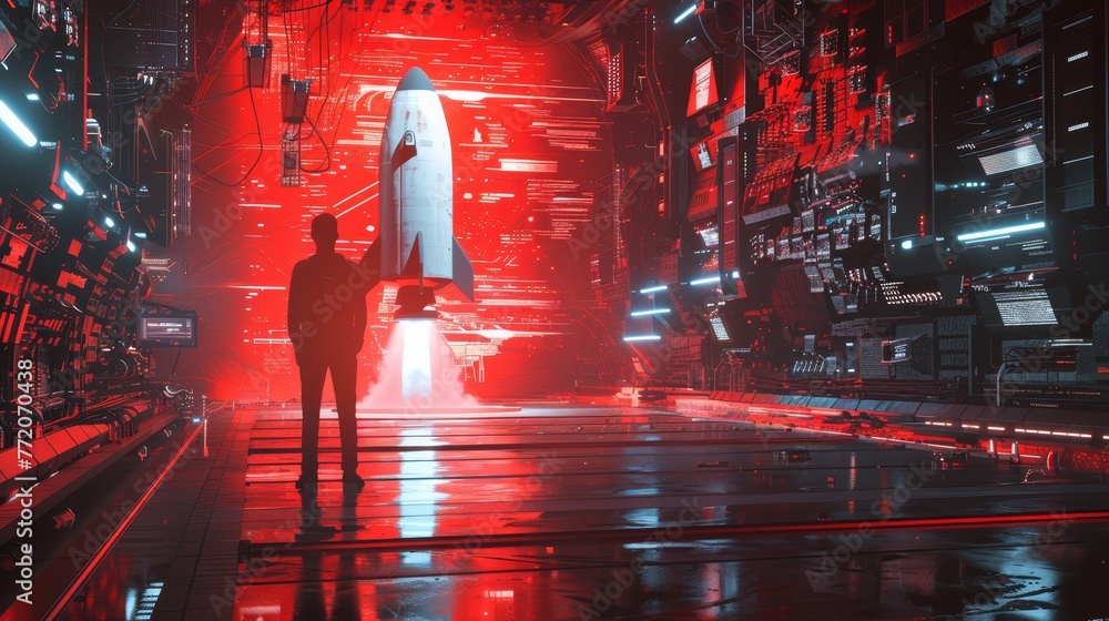 Poster a man stands in front of a rocket in a futuristic city. the scene is set in a red and blue color sch