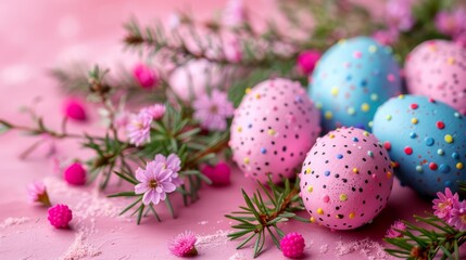 Fototapeta na wymiar A collection of painted eggs atop a pink backdrop, embellished with sprinkles and surrounding flowers