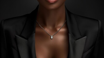   A tight shot of a woman in a black suit and a necklace adorned with a single white pearl against a black backdrop