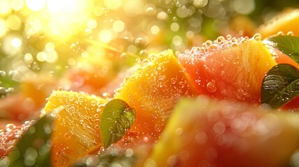   A tight shot of ripe fruits with dewdrops glistening on their leafy surrounds, framed against a radiant sunlit backdrop - obrazy, fototapety, plakaty
