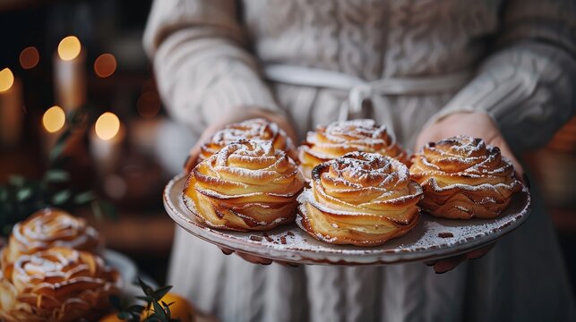   A woman in a white dress holds a plate laden with pastries, each topped with a dusting of powdered sugar