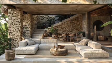  A living room adorned with ample furniture nestled by a stony wall, accompanied by a staircase ascending to the second level - obrazy, fototapety, plakaty