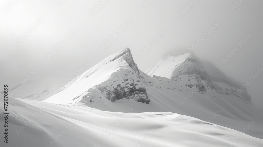 Poster a mountain range covered in snow with a cloudy sky in the background
