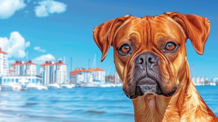   A tight shot of a dog by a body of water, with buildings in the distance and a blue sky overhead - obrazy, fototapety, plakaty