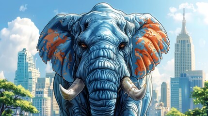   An elephant depicted against a cityscape backdrop, featuring a blue sky and cloud formations - obrazy, fototapety, plakaty