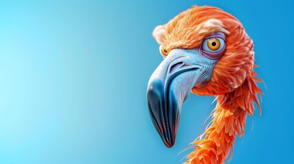   A bird's head with a vibrant orange beak in sharp focus against a tranquil blue sky background - obrazy, fototapety, plakaty