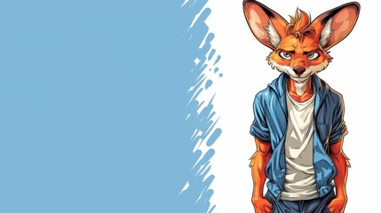   A fox in a blue jacket and white T-shirt stands before a blue backdrop