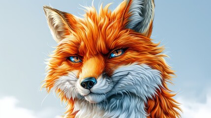   A red fox's face, tightly framed, against a backdrop of azure sky and foregrounded clouds