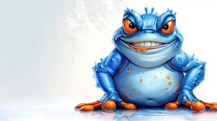   A blue frog, with orange eyes and smiling, in close-up, sits on a pristine white surface - obrazy, fototapety, plakaty