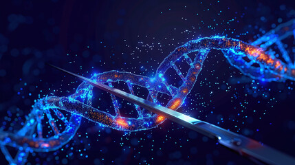 3D render illustration of DNA with scissors, concept of CRISPR, GMO, biotechnology, genetically modified DNA