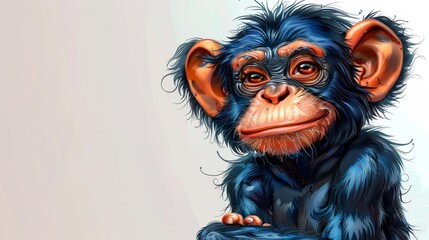   A monkey sits atop a wooden table before a white wall, gazing directly at the camera