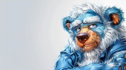   A painting of a blue bear with white fur on its head and a blue coat adorning its shoulders - obrazy, fototapety, plakaty