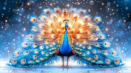   A peacock, poised before a blue backdrop, displays an extravagant spread of its vibrant feathers