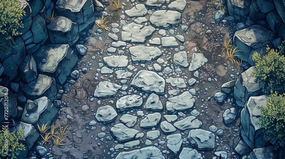 Poster a rocky path with a few small rocks and some grass. the rocks are scattered all over the path, and t