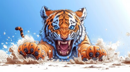   A tiger with its mouth agape and claws extended - obrazy, fototapety, plakaty