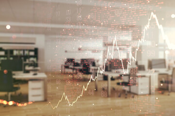 Double exposure of abstract creative financial chart hologram and world map on modern corporate...