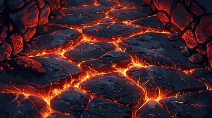 A lava rock floor with a red lava flow. The lava is flowing down the side of the rock and is surrounded by black rocks. The image has a dark and ominous mood, with the lava