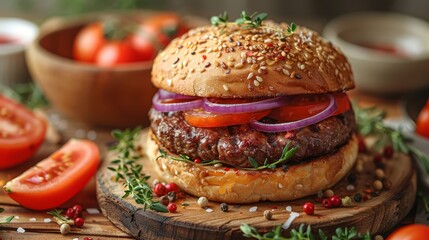   A hamburger atop a wooden cutting board Nearby, a bowl of tomatoes and a solitary tomato slice