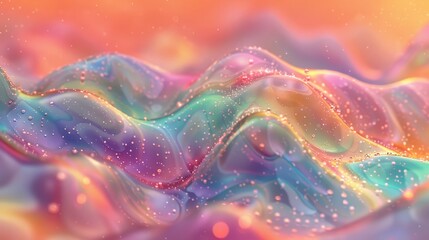   A multicolored painting features a wave of water with bubbles Beneath the wave, more bubbles reside The hues consist of orange, yellow, blue, pink, green