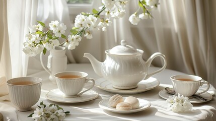 Obraz na płótnie Canvas A white tea set is displayed on a table with a plate of pastries and a vase of flowers. The table setting creates a warm and inviting atmosphere, perfect for a relaxing afternoon tea