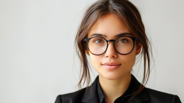   A tight shot of an individual wearing a black shirt and black-framed glasses against a pristine white backdrop