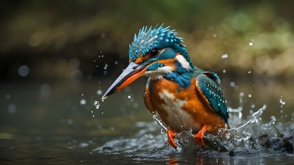 A female Kingfisher comes up out of the water after trying to dive for a fish but failing. I'm addicted to taking pictures of these gorgeous birds, so I must return soon. - obrazy, fototapety, plakaty