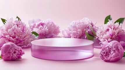  A pink surface holds a white bowl with several pink peonies against a pink background