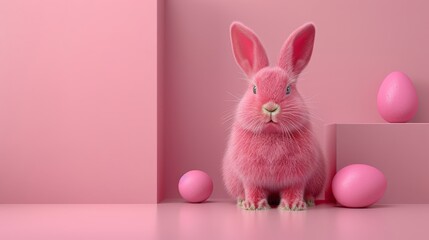   A pink bunny atop a pink floor, surrounded by pink balls and a block of pink paper