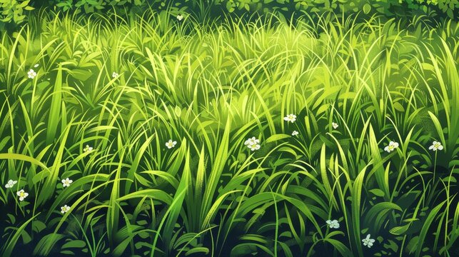A field of green grass with white flowers in the foreground. The image has a peaceful and serene mood, with the bright green grass and white flowers creating a sense of calm