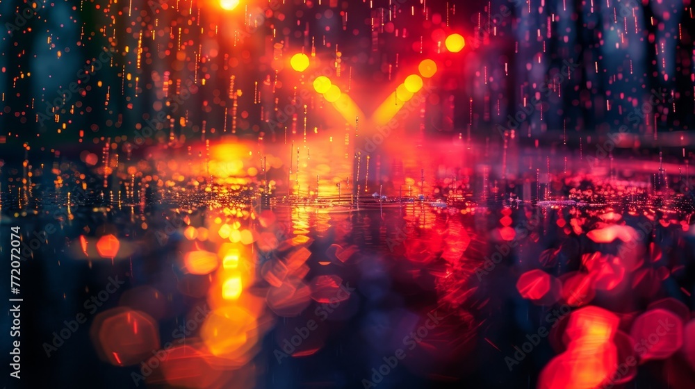 Poster the image is a blurry, colorful, and abstract representation of raindrops falling on a wet street. t