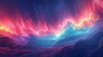 A colorful space with a purple and blue aurora. The sky is filled with stars and the aurora is glowing brightly - obrazy, fototapety, plakaty