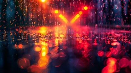 Fototapeta na wymiar The image is a blurry, colorful, and abstract representation of raindrops falling on a wet street. The raindrops are scattered in various sizes and positions, creating a sense of movement and energy
