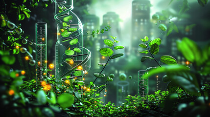 illustration of DNA green garden, controlled plants growth, GMO, new technology - obrazy, fototapety, plakaty