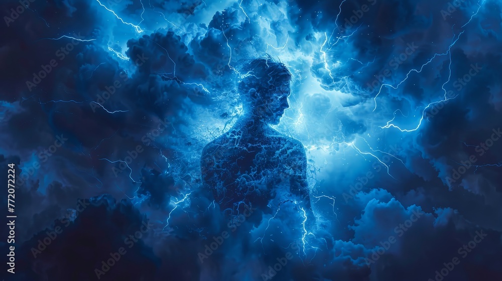 Poster a person is floating in the sky with a storm in the background. the sky is filled with lightning bol