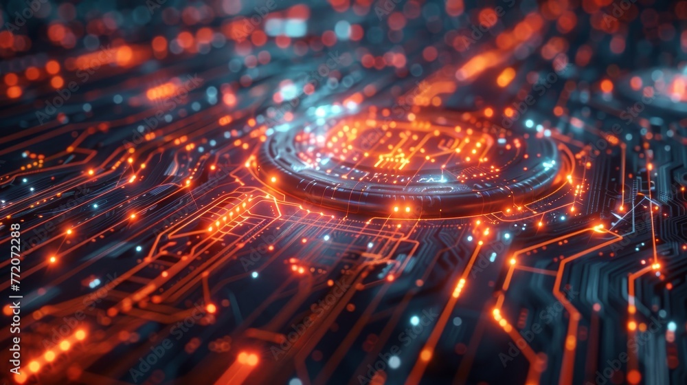Aufkleber a computer chip with a glowing orange center. the chip is surrounded by a network of glowing lines a