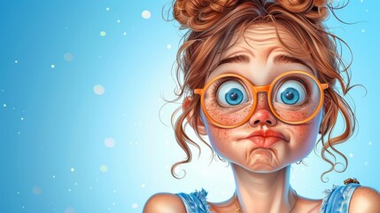  Girl in glasses, bug on nose; surprised expression, gazes at camera