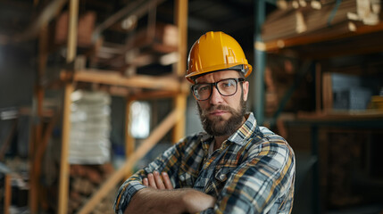 Naklejka na ściany i meble Handsome confident worker with beard glasses and hard hat on a working site, looking at the camera 