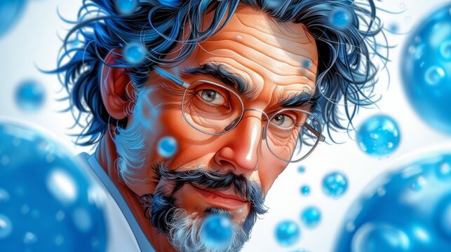   A painting of a bearded man in glasses, donning a white shirt with circular blue accents