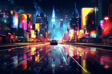 Fototapeta na wymiar Atmospheric Neon city cyberpunk art. Asia street travel. Generate Ai