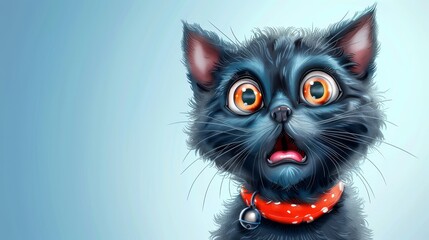   A black feline with orange eyes and a red collar gazes at the camera in astonishment - obrazy, fototapety, plakaty