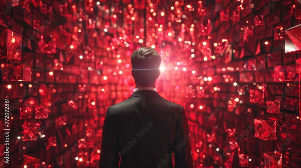 Poster a man stands in front of a wall of red cubes. the cubes are arranged in a way that creates a sense o