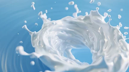 Zelfklevend Fotobehang A splash of milk is shown in a blue background © CuratedAIMasterpiece