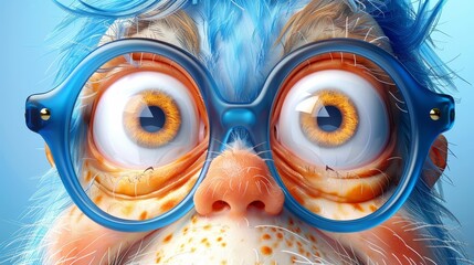   A tight shot of a bird donning blue goggles, its orange eyes peering out from beneath, and a blue beak adorned with a nose ring - obrazy, fototapety, plakaty