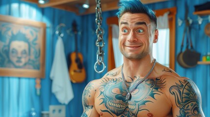   A man with blue hair and chest tattoos is in a blue-hued room A guitar hangs from the ceiling - obrazy, fototapety, plakaty