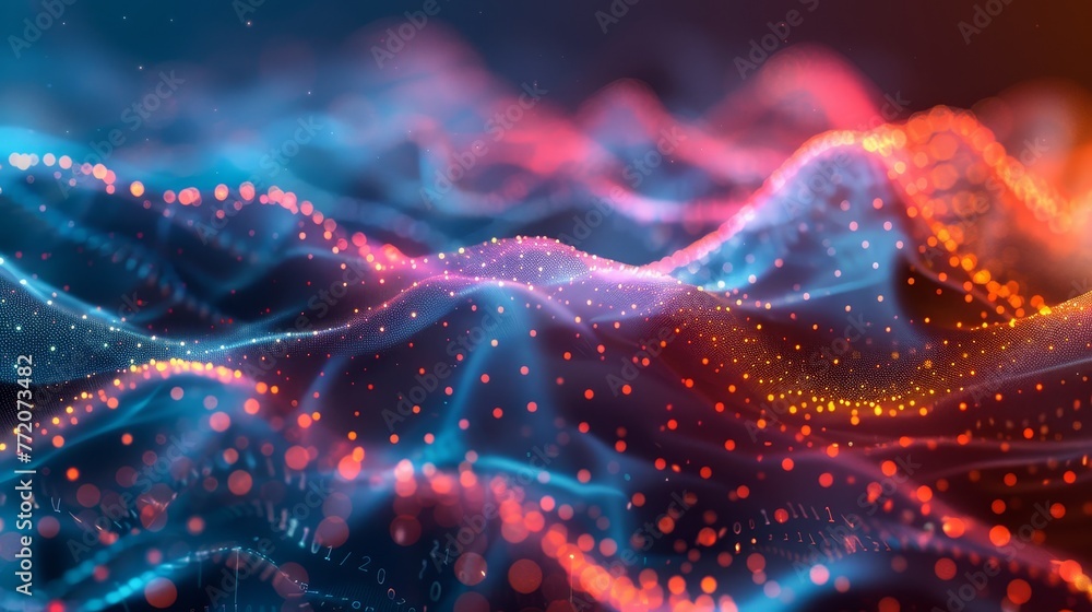 Poster a colorful, abstract image of a wave with red, blue, and orange dots. concept of movement and energy
