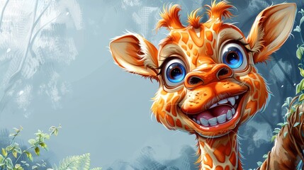   A tight shot of a grinning giraffe amidst tree-filled backdrop