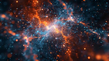 A colorful galaxy with orange and blue stars. The stars are scattered throughout the galaxy, creating a sense of depth and movement. The colors of the stars contrast with the dark background - obrazy, fototapety, plakaty