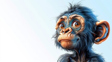  A monkey's face in close-up, displaying an unusual expression, against a blue backdrop