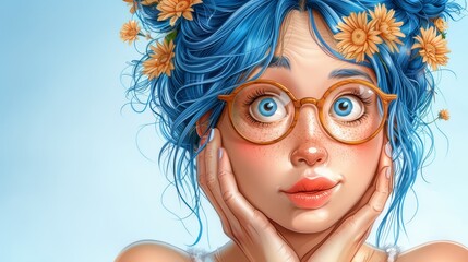  Woman with blue hair, sunflowers in headband, glasses on face
