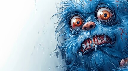   A tight shot of a blue, furred creature with blood stains on its face and around its eyes, displaying a toothy grin